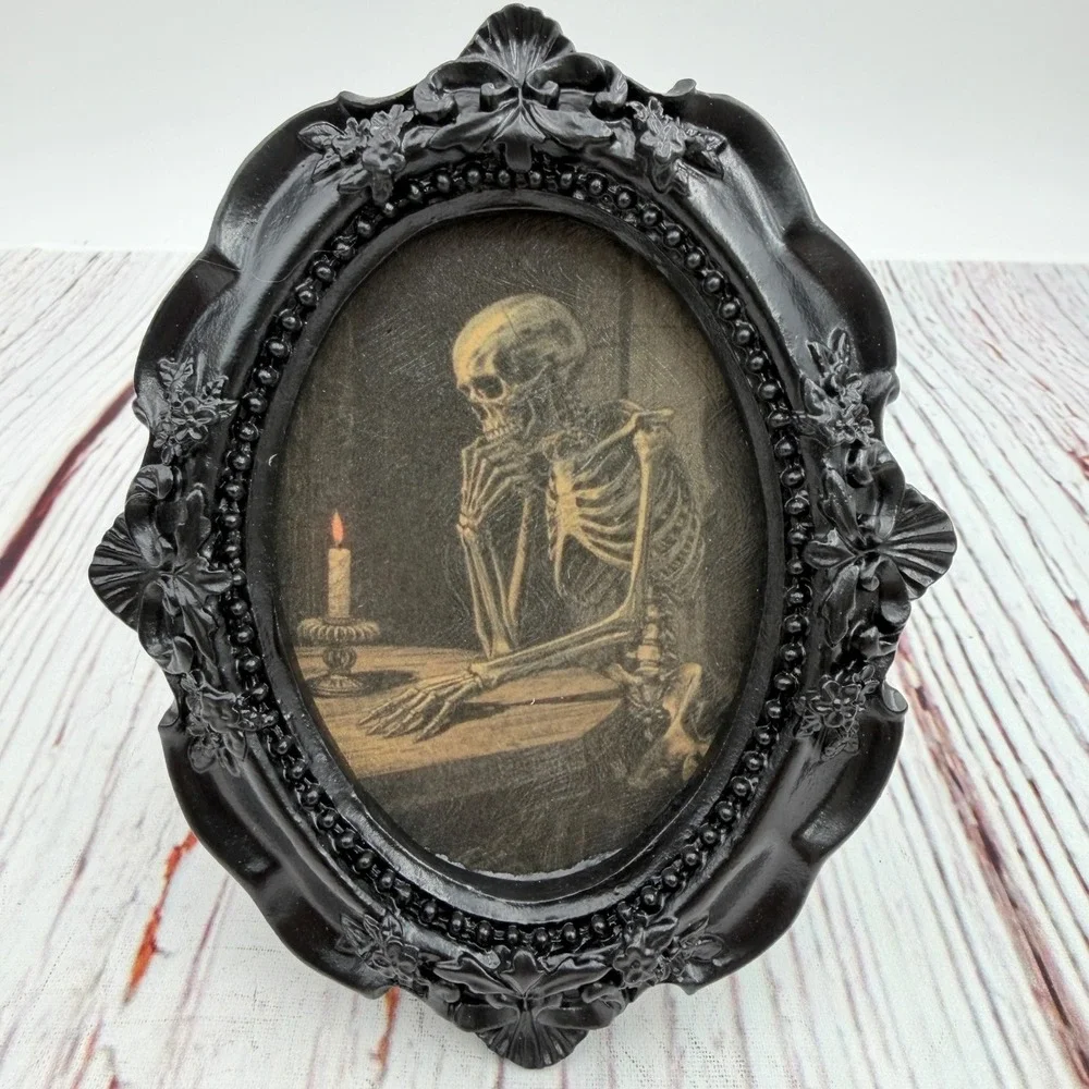 Gothic Pensive Skeleton Art Print Decoupaged in Black Ornate Resin Frame